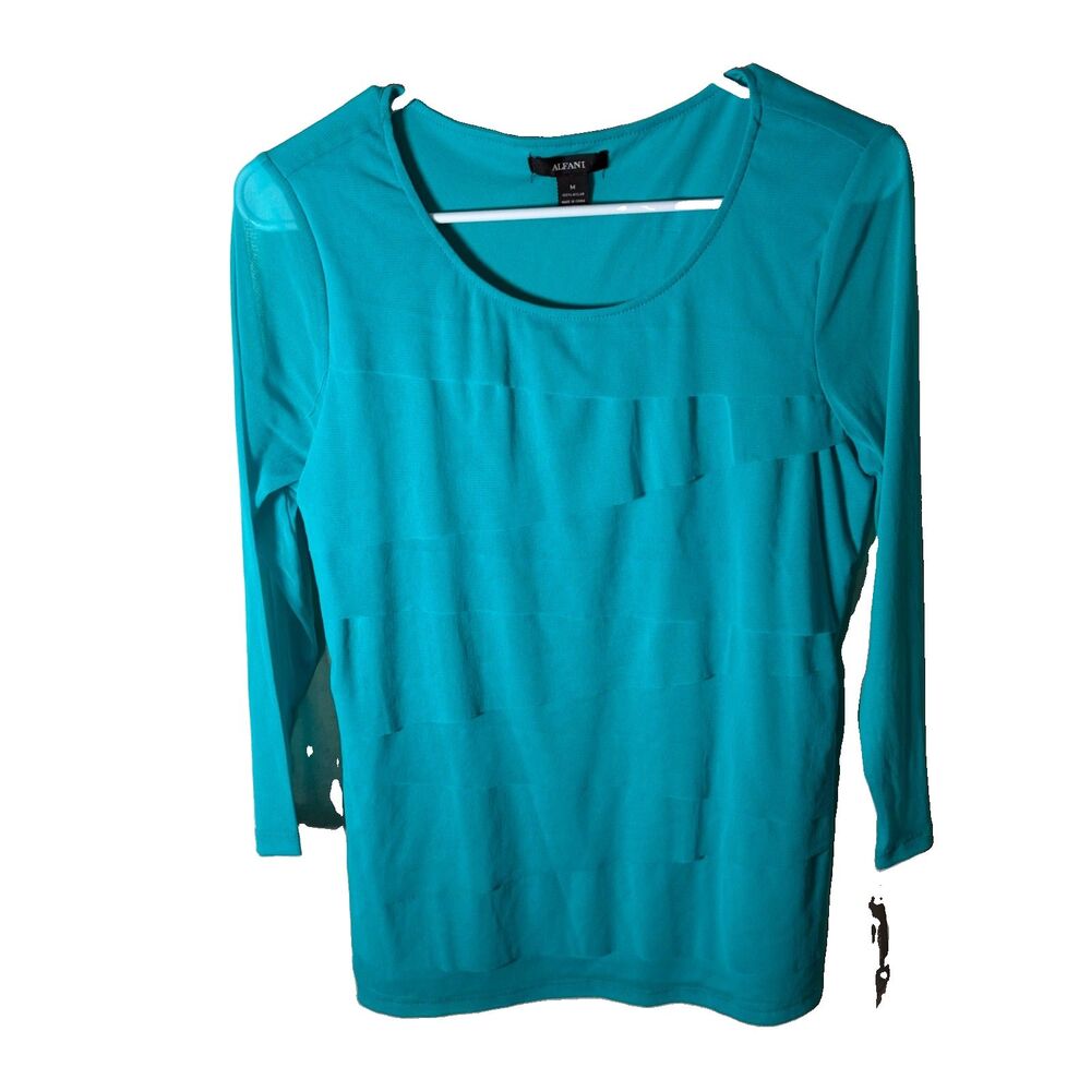 Alfani Blouse Women's Medium Teal Ruffle 3/4 Sleeve Layered Shirt Top Sheer NWT
